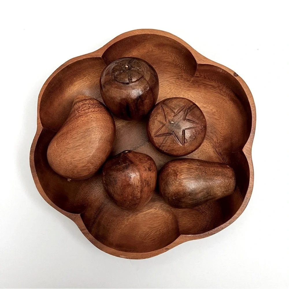 Vintage MCM Genuine Monkey Pod Wooden Bowl with 5-Piece Wood Fruit Home …